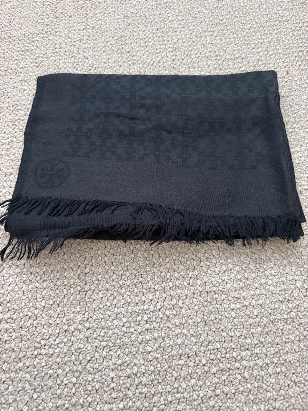 Tory Burch Classic “T Monogram” Black Fringed Scarf